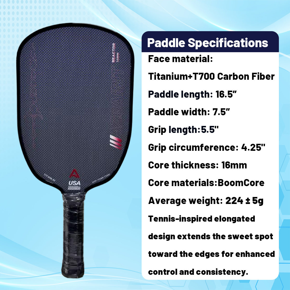 USAPA Approved Azgairit Reactor Boomcore Pickleball Paddle | Titanium + MOI Tuning System | Precise Control | T700 Carbon