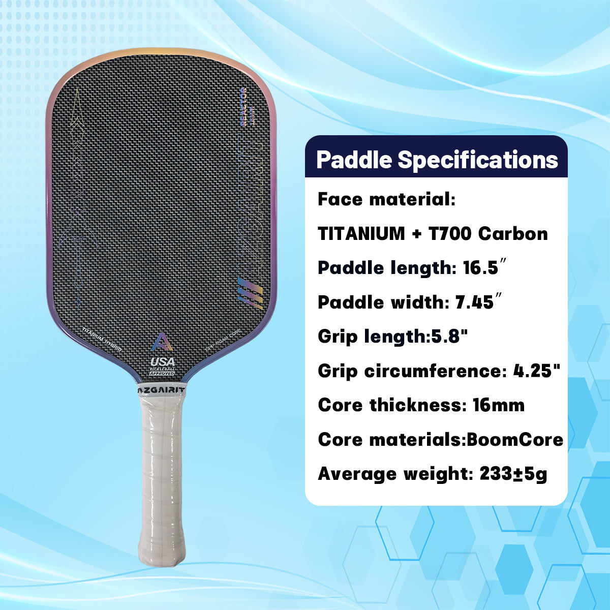 USAPA Approved Azgairit Reactor Boomcore Pickleball Paddle | Titanium + MOI Tuning System | Precise Control | T700 Carbon