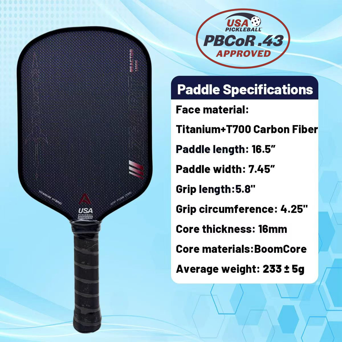 USAPA Approved Azgairit Reactor Boomcore Pickleball Paddle | Titanium + MOI Tuning System | Precise Control | T700 Carbon