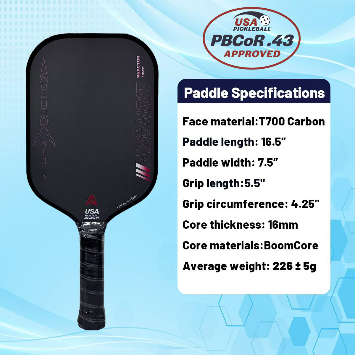 USAPA Approved Azgairit Reactor Boomcore Pickleball Paddle | Titanium + MOI Tuning System | Precise Control | T700 Carbon