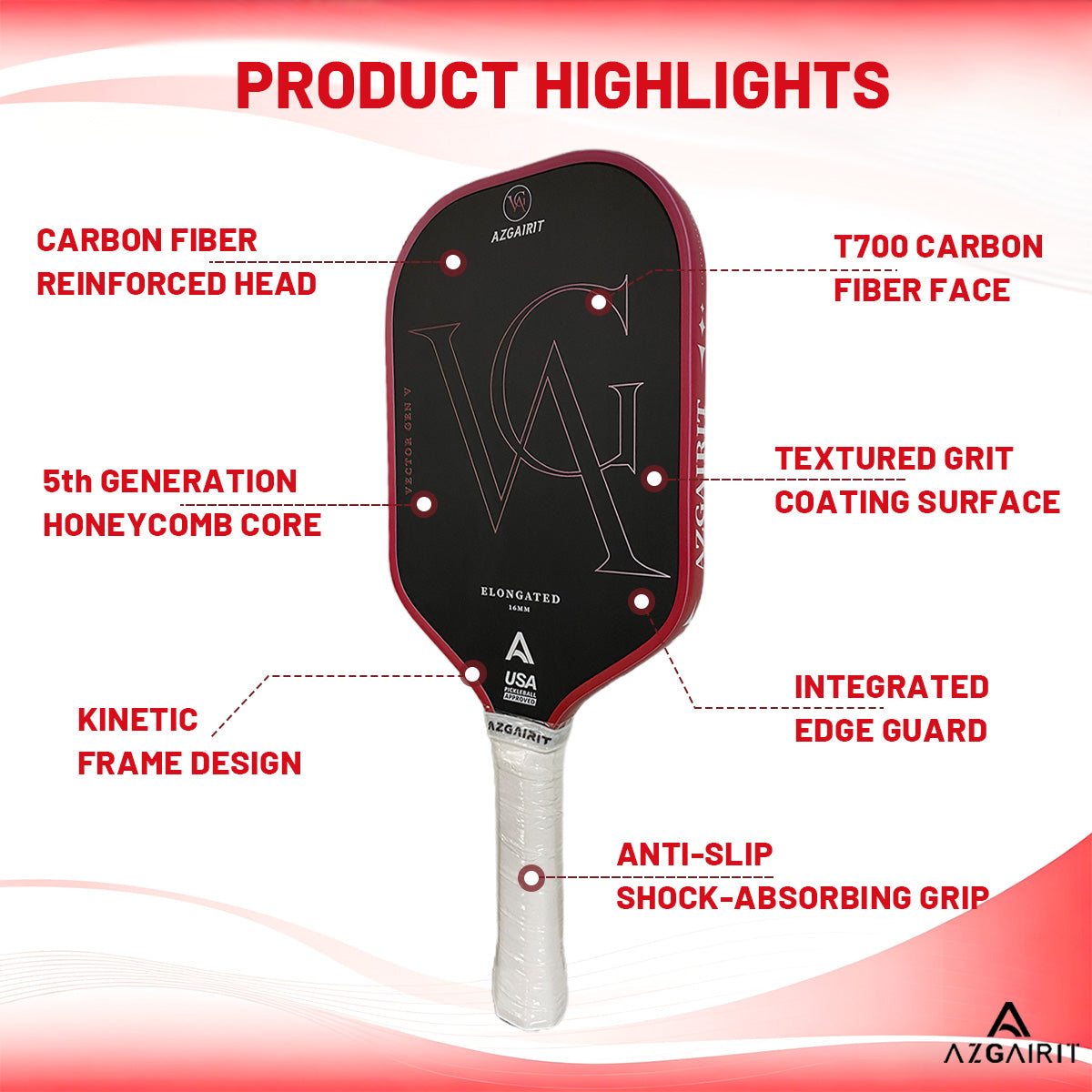 Azgairit Vector Elongated Pickleball Paddle 5th Gen Honeycomb Core Grit Spin Surface Kinetic Frame Carbon Fiber Power & Control Paddle