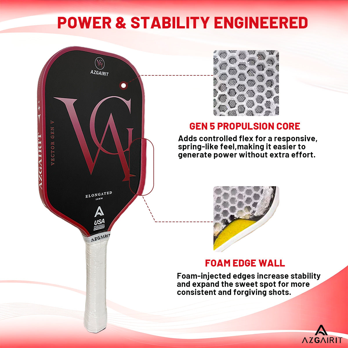 Azgairit Vector Elongated Pickleball Paddle 5th Gen Honeycomb Core Grit Spin Surface Kinetic Frame Carbon Fiber Power & Control Paddle