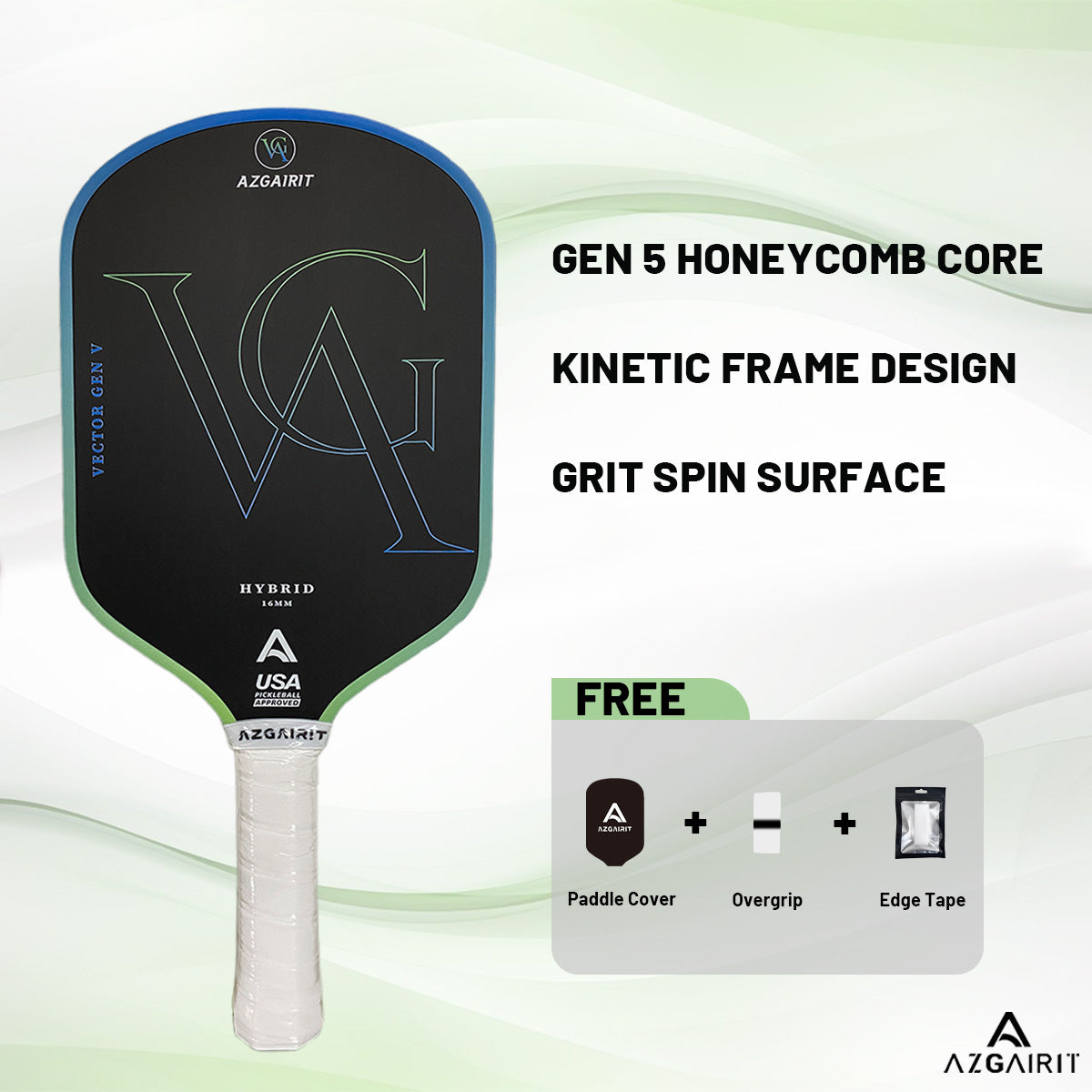 Azgairit Vector Elongated Pickleball Paddle 5th Gen Honeycomb Core Grit Spin Surface Kinetic Frame Carbon Fiber Power & Control Paddle
