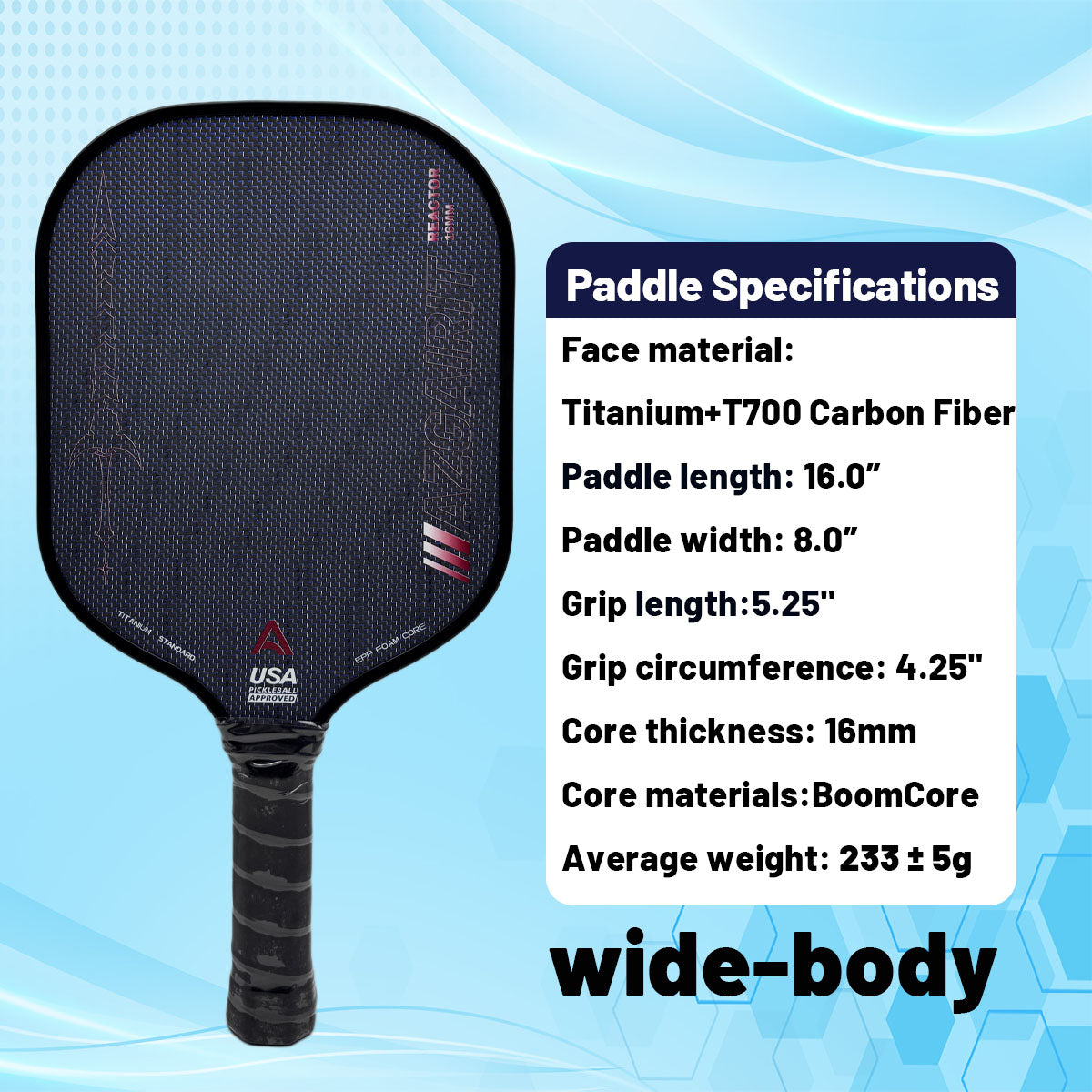 USAPA Approved Azgairit Reactor Boomcore Pickleball Paddle | Titanium + MOI Tuning System | Precise Control | T700 Carbon