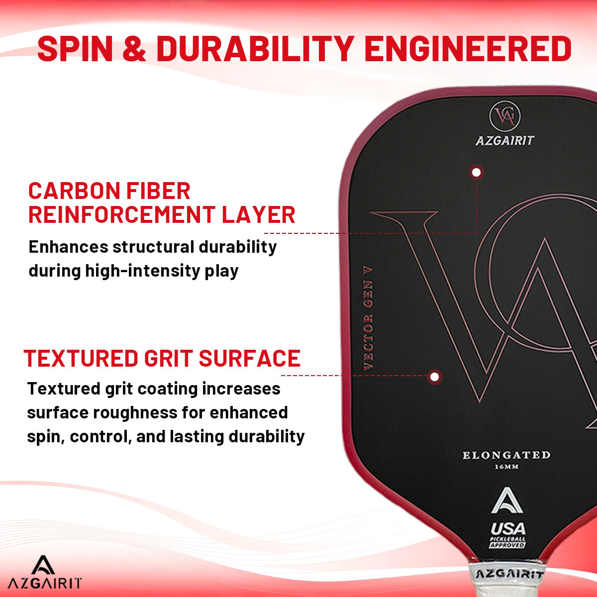 Azgairit Vector Elongated Pickleball Paddle 5th Gen Honeycomb Core Grit Spin Surface Kinetic Frame Carbon Fiber Power & Control Paddle