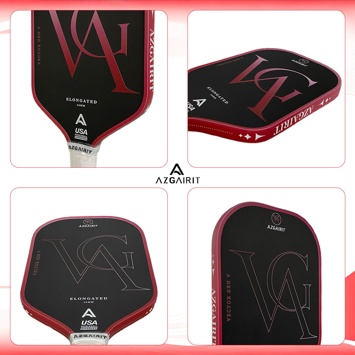 Azgairit Vector Elongated Pickleball Paddle 5th Gen Honeycomb Core Grit Spin Surface Kinetic Frame Carbon Fiber Power & Control Paddle