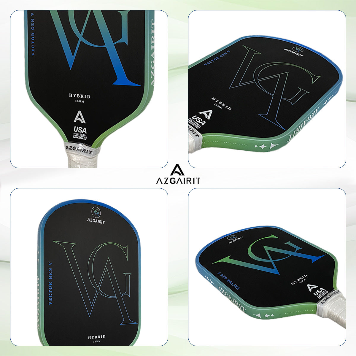 Azgairit Vector Elongated Pickleball Paddle 5th Gen Honeycomb Core Grit Spin Surface Kinetic Frame Carbon Fiber Power & Control Paddle