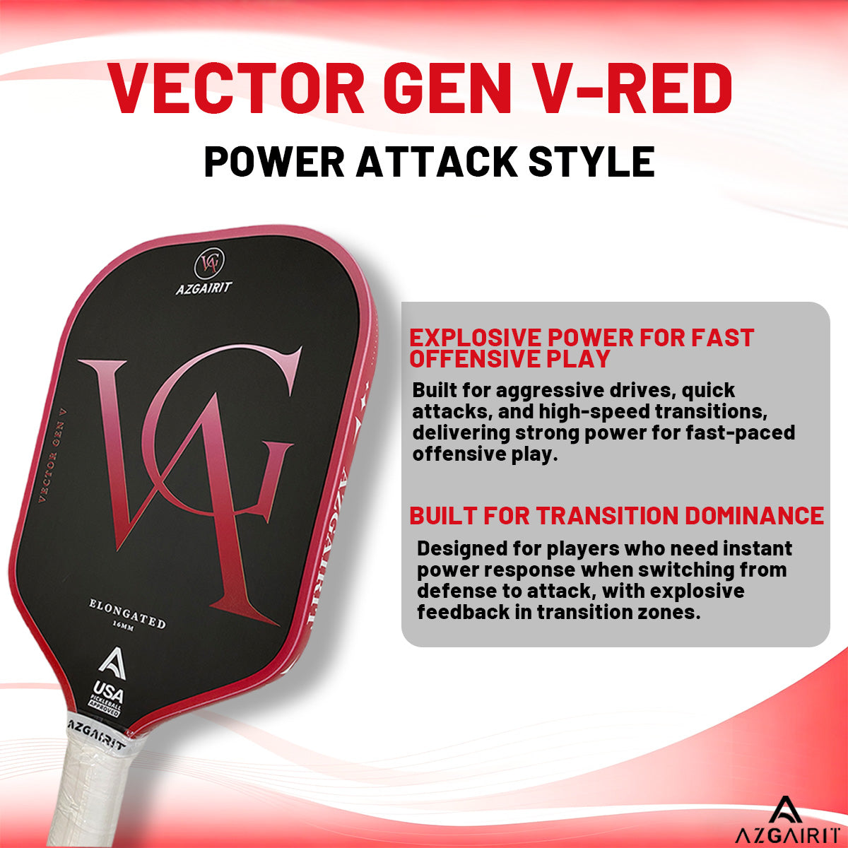 Azgairit Vector Elongated Pickleball Paddle 5th Gen Honeycomb Core Grit Spin Surface Kinetic Frame Carbon Fiber Power & Control Paddle