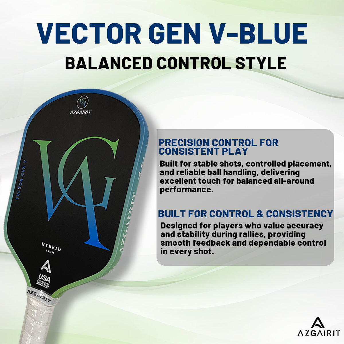 Azgairit Vector Elongated Pickleball Paddle 5th Gen Honeycomb Core Grit Spin Surface Kinetic Frame Carbon Fiber Power & Control Paddle