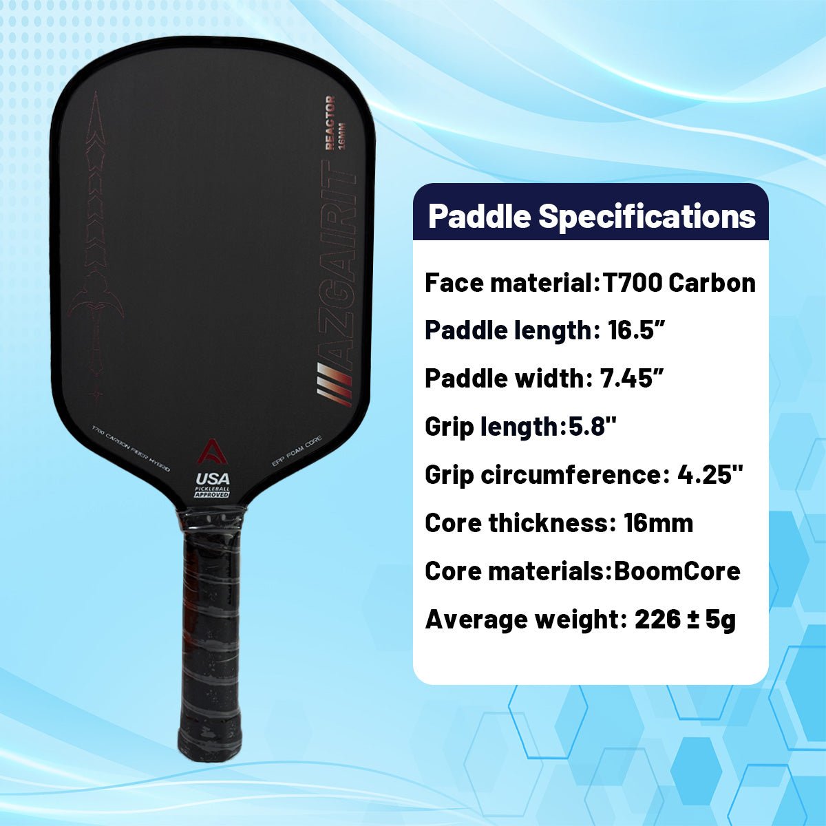 USAPA Approved Azgairit Reactor Boomcore Pickleball Paddle | Titanium + MOI Tuning System | Precise Control | T700 Carbon