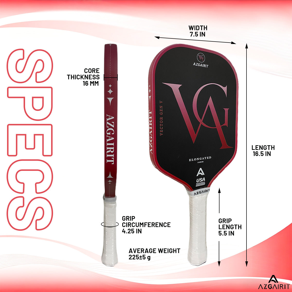 Azgairit Vector Elongated Pickleball Paddle 5th Gen Honeycomb Core Grit Spin Surface Kinetic Frame Carbon Fiber Power & Control Paddle