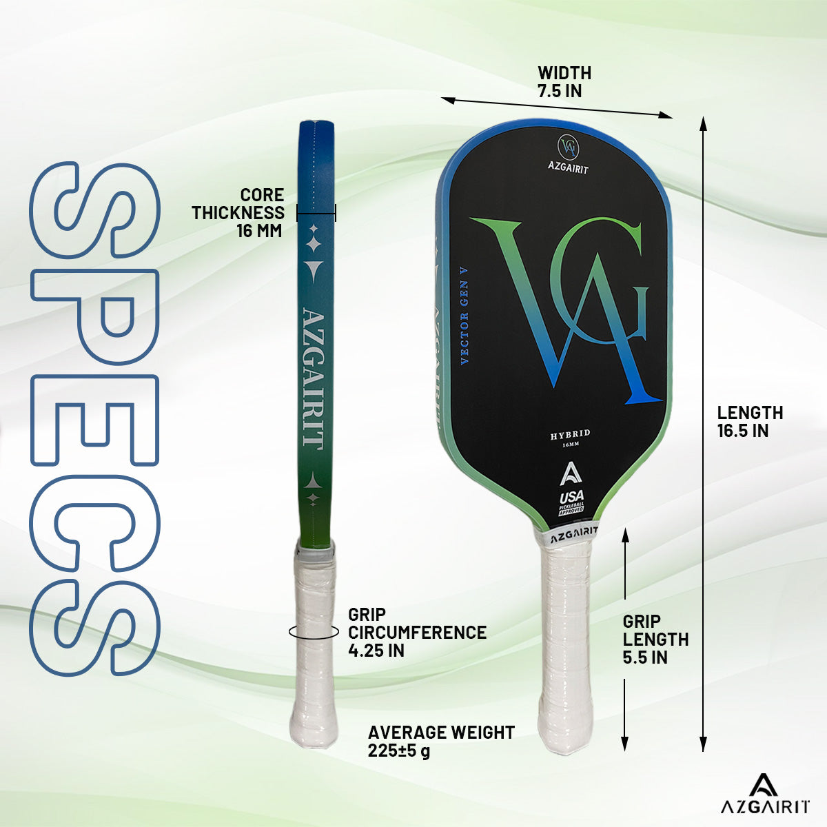Azgairit Vector Elongated Pickleball Paddle 5th Gen Honeycomb Core Grit Spin Surface Kinetic Frame Carbon Fiber Power & Control Paddle